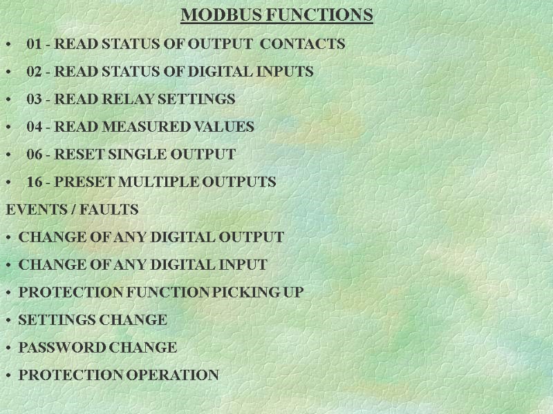 MODBUS FUNCTIONS      01 - READ STATUS OF OUTPUT 